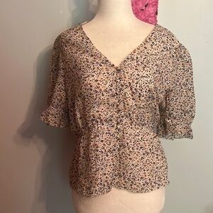 Madewell floral puff sleeve shirt sleeve size small tan blue orange fall floral